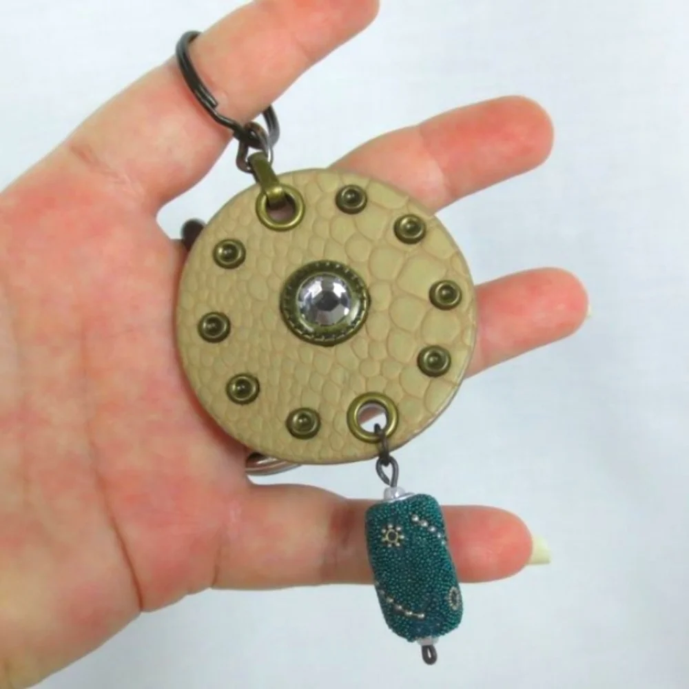 New Handmade Keychain Bag Charm Beaded Boho Faux Leather Rhinestone Swivel Clip